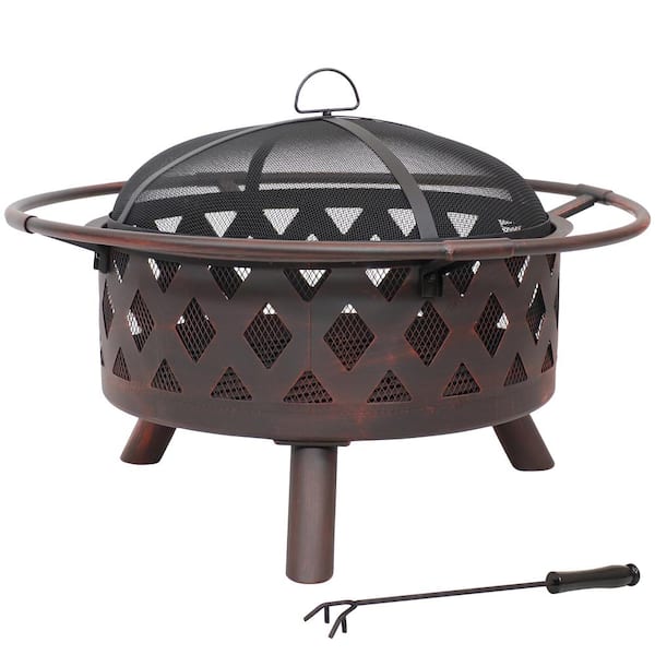 Sunnydaze Decor Cross Weave 30 in. x 20 in. Round Bronze Wood Burning Fire  Pit with Steel Spark Screen KF-610019D