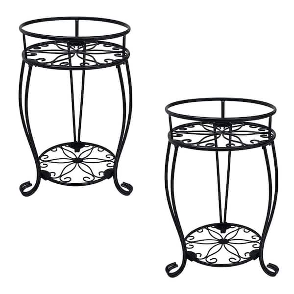 2-Pack Black Alloy Steel Round Plant Stand for Flower Pot (19.2 in. H 2 Tier)