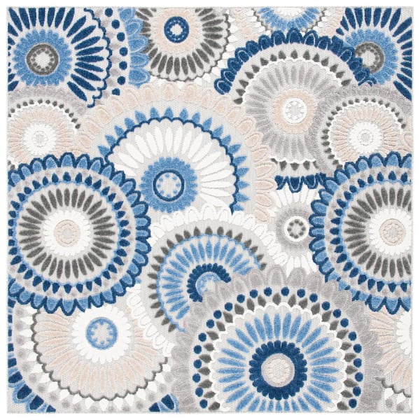 Cabana Gray/Blue 3 ft. x 3 ft. Medallion Floral Square Indoor/Outdoor Area Rug