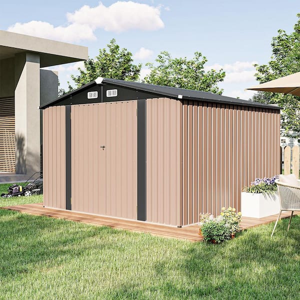 Storage Metal Shed with 4-Air Vents, Double Door, Brown 10 ft. W x 10 ft. D (90 sq. ft.)