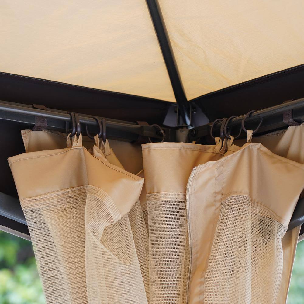 Beige and Brown Steel Frame Outdoor Gazebo with Mesh Curtains