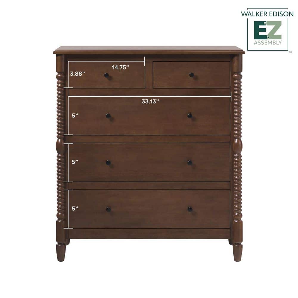 Walker Edison Furniture Company Modern Farmhouse Easy Assembly Dark Brown 5-Drawer 41.5 in. Solid Wood Spindle-Detailing Dresser