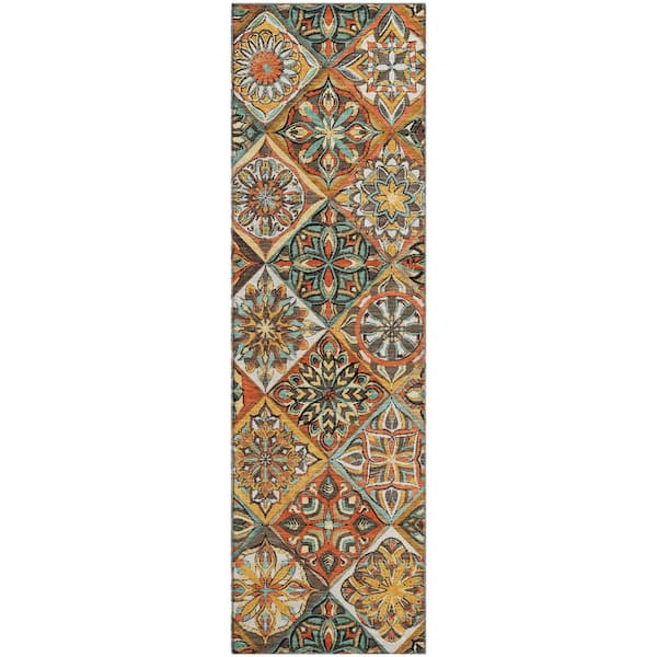 Mayfield Premium Machine Washable Abstract AMF2256 Gold 2 ft. x 7 ft. Runner Rug
