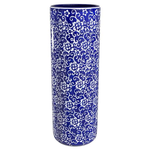 Oriental Furniture 24 in. White Flowers on Blue Umbrella Stand
