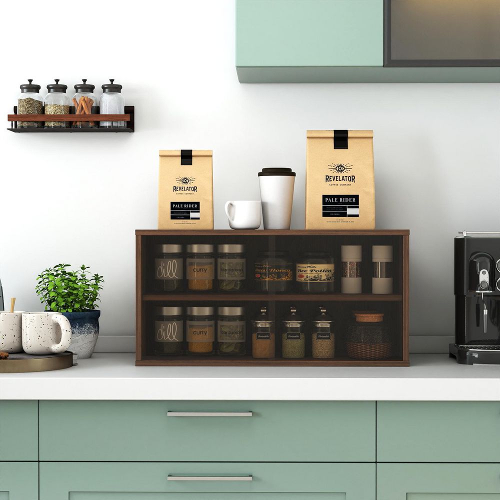 Wood Stackable Storage Cabinet with Glass Sliding Doors, 2-Tier Countertop Organizer for Kitchen & Home Office in Walnut