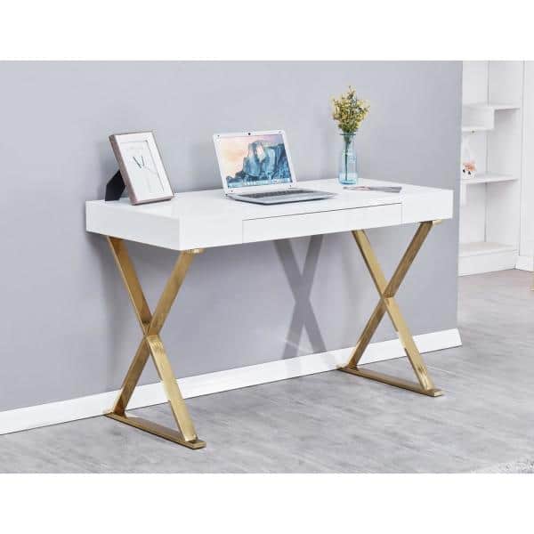 White Poplar Wood Writing Desk with Drawer and Gold Legs