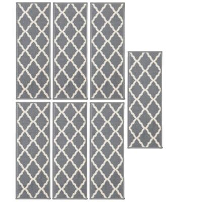 Glamour Collection Rubberback Non-Slip Moroccan Trellis Indoor Turkish Gray 9 in. x 26 in., Stair Tread Cover (Set of 7)