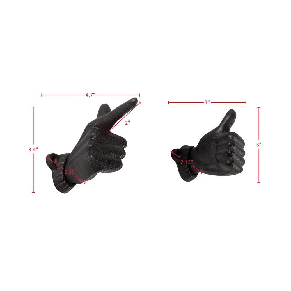 Dark Brown Cast Iron Thumbs Up and Pointing Finger Wall Hook Set