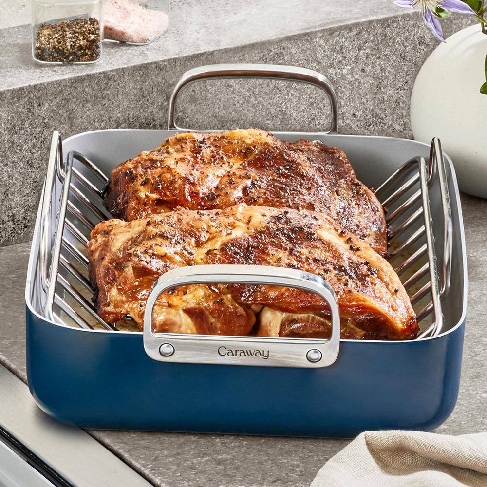 Navy Blue Ceramic Nonstick Square Roasting Pan with Rack