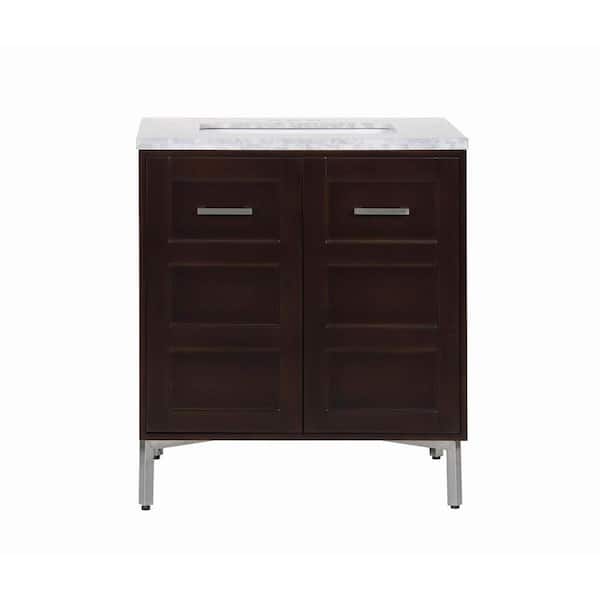 Decor Living Xia 30 in. Vanity in Walnut with Marble Vanity Top in White with White Basin