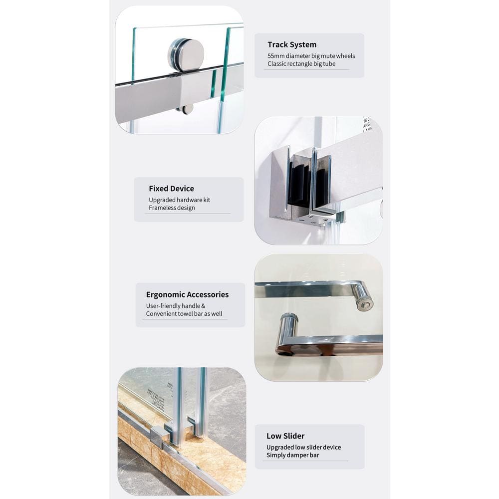 60" Frameless Chrome Glass Double Sliding Shower Door