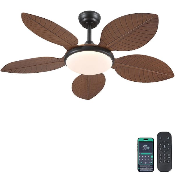 Kviflon 48 in. Indoor/Outdoor Black Retro 5 Palm Leaf Shaped Blades Ceiling Fan with Dimmable LED Light and Remote/APP Control
