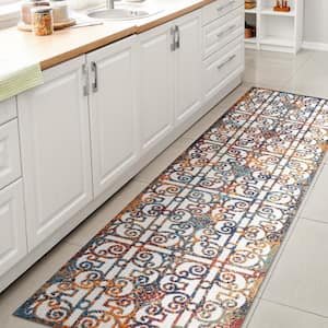 Cetara Ornate Cream/Blue/Orange 2 ft. x 8 ft. Trellis Indoor/Outdoor Area Rug