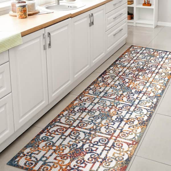 JONATHAN Y Cetara Ornate Cream/Blue/Orange 2 ft. x 8 ft. Trellis Indoor/Outdoor Area Rug