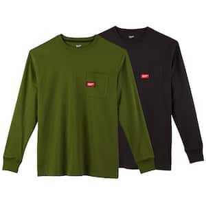 Men's Medium Olive Green and Black Heavy-Duty Cotton/Polyester Long-Sleeve Pocket T-Shirt (2-Pack)