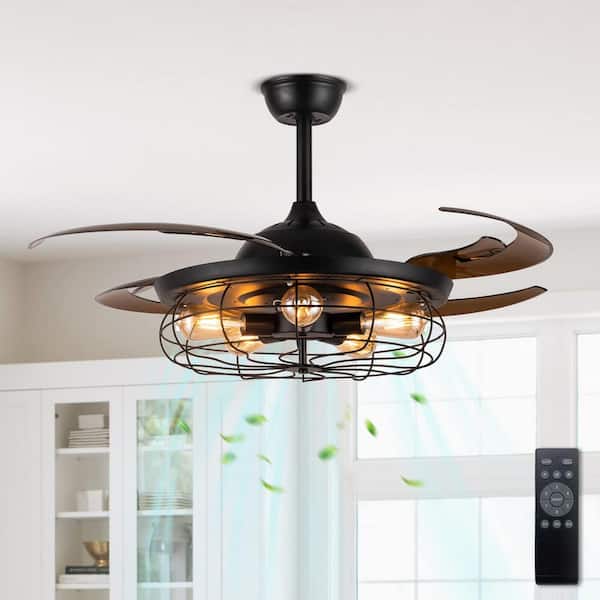 ANTOINE 48 in. Indoor Farmhouse Retractable Ceiling Fan with Light Black Caged Ceiling Fan Light with Remote