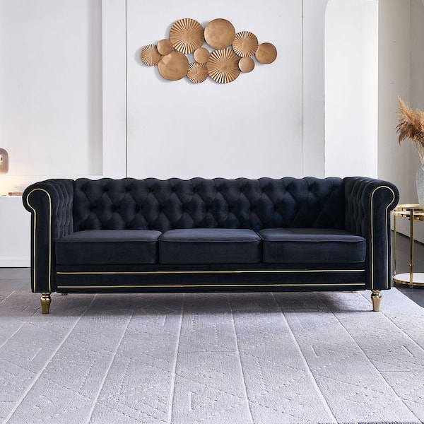Ingrid Modern 84.65 in. Rolled Arm Velvet Upholstery Rectangle Sofa in Black with Tufted Back, 2 Pillows,Gold Strip Trim