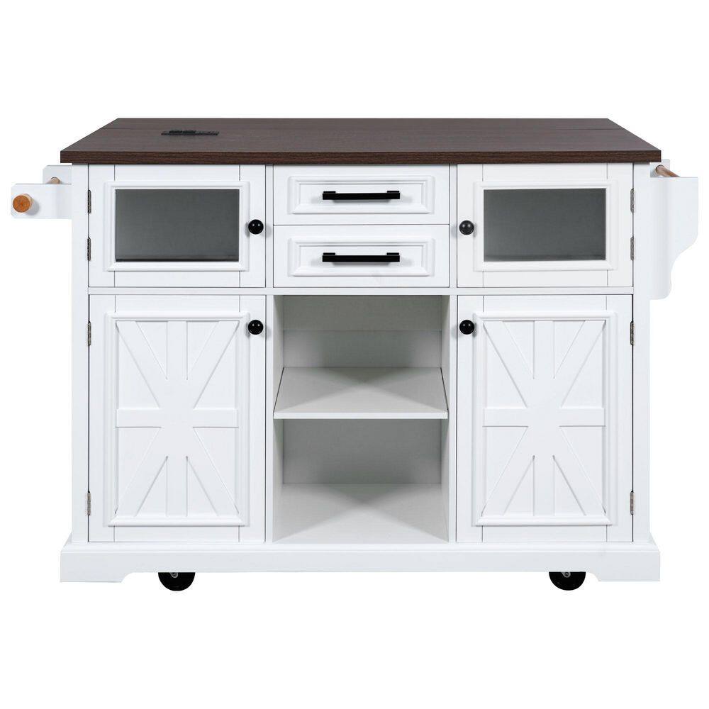 White Wood 54.9 in. Rolling Kitchen Island with Drop Leaf, Power Outlet, 4 Wheels and 2 Drawers price history on PriceWatchPro