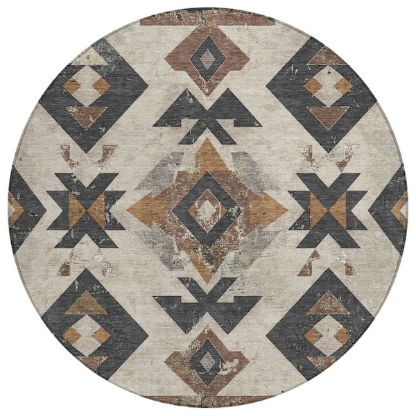Chantille Machine Washable Indoor/Outdoor Abstract ACN1882 Beige 8 ft. x 8 ft. Round Rug