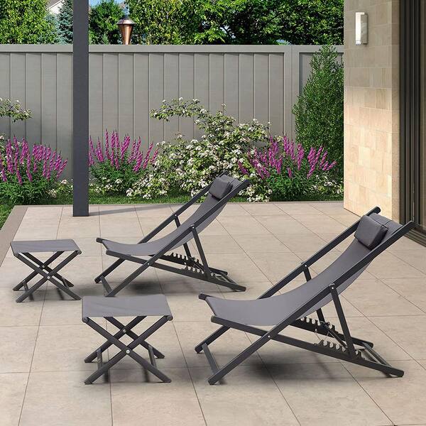 PURPLE LEAF Steel Grey Aluminum Outdoor Reclining Camping Chairs Folding Portable Lounge Chair Beach Sling Chairs (Set of 2)