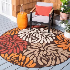 Veranda Chocolate/Terracotta Doormat 3 ft. x 3 ft. Abstract Floral Indoor/Outdoor Patio Round Area Rug
