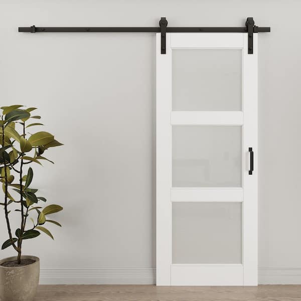 32 in. x 80 in. 3 Lite Tempered Frosted Glass White Primed MDF Composite Sliding Barn Door Slab with Hardware Kit