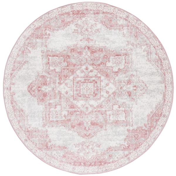 Layla 8 ft. x 8 ft. Ivory Gray/Pink Ornate Medallion Distressed Round Area Rug
