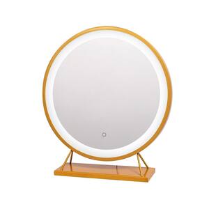 16 in. W x 16 in. H Round Framed LED Tabletop Bathroom Vanity Mirror, Fashionable Golden Metal Bracket