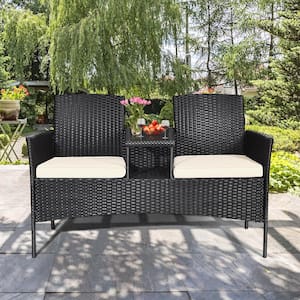 1-Piece Wicker Outdoor Sectional Set Rattan Furniture Patio Conversation Chair with White Cushions