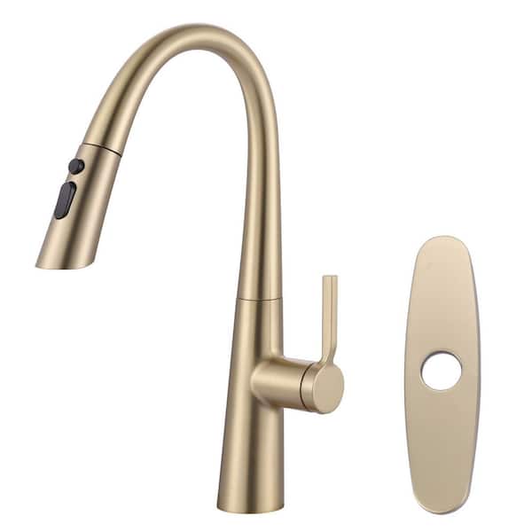 17.7 in. 3-Mode Single Handle Pull Down Sprayer Kitchen Faucet with 360° Swivel Spout in Stainless Steel Bruhsed Gold