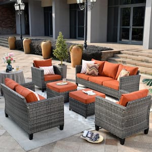 Megon Holly Gray 6-Piece Wicker Outdoor Patio Conversation Seating Set and Loveseat with Orange Red Cushions