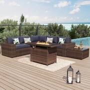 7-Piece Outdoor Rattan Wicker Set Covers Sectional Set with Fire Pit Table, Blue cushions