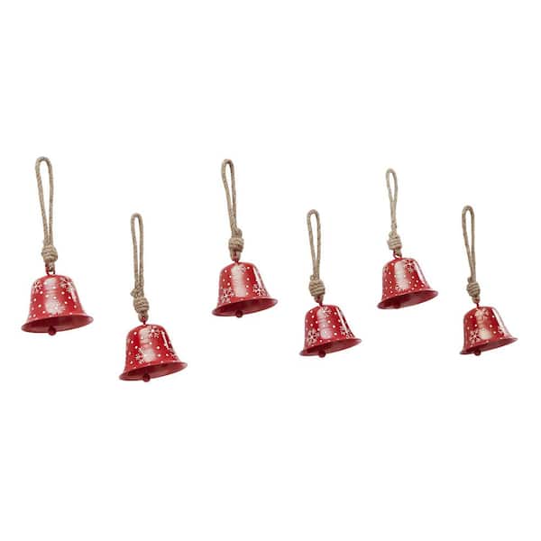 VHC BRANDS 3.2 in. Falling Snow Red Bell Metal Christmas Ornament (Set of 6)