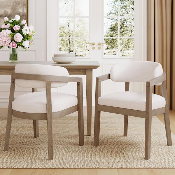 Candice Light Ash Plus Beige Modern Solid Wood Upholstered Dining Chairs with Curved Backrest and Armrests (Set of 2)