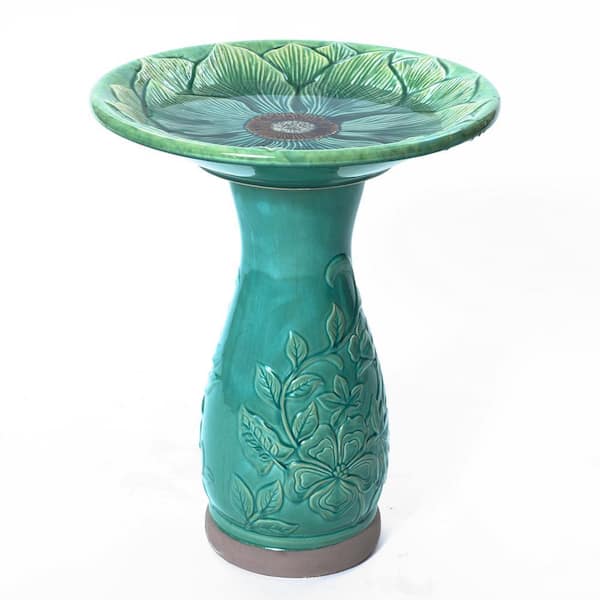 LuxenHome 22 in. H Aqua Glazed Flower Ceramic Birdbath