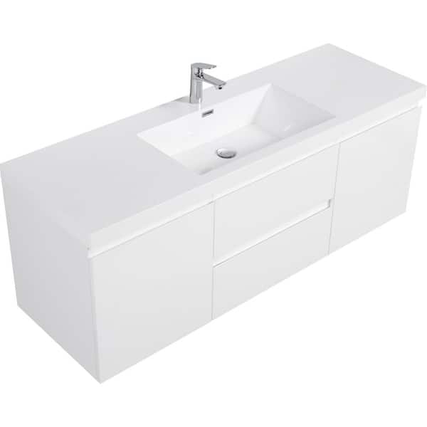Oasis 59 in. Modern Floating Glossy White Bath Vanity with White Resin Top, Cabinet, Drawers, Doors, Shelves, MDF