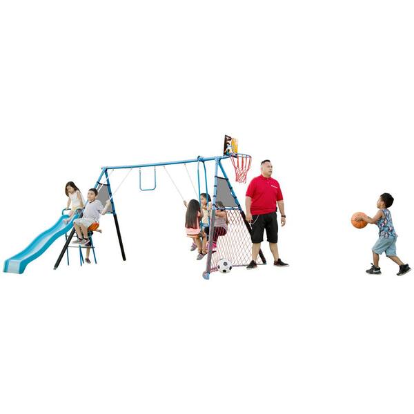 FITNESS REALITY KIDS 7 Station Sports Series Metal Swing Set with Basketball and Soccer