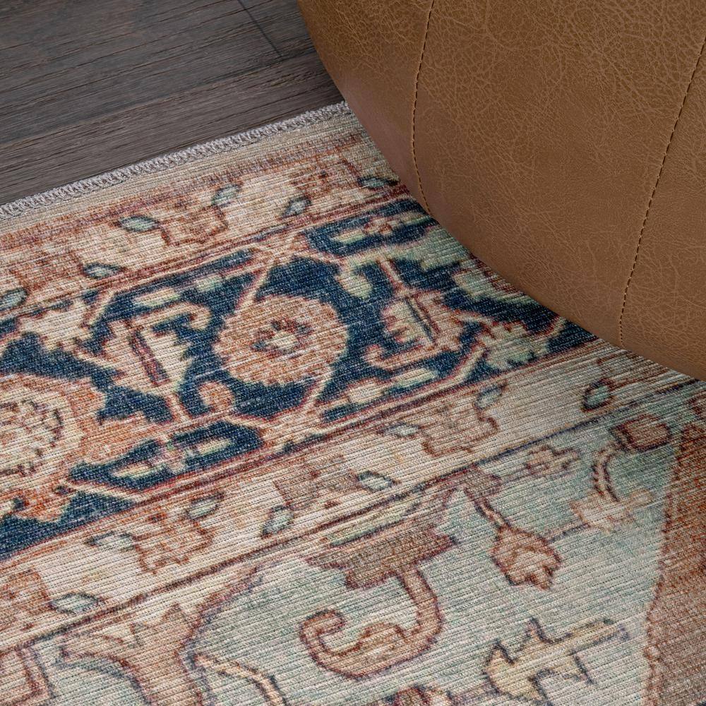 Maris Ornate Medallion Machine-Washable Beige and Blue Chenille 4' x 6' Area Rug