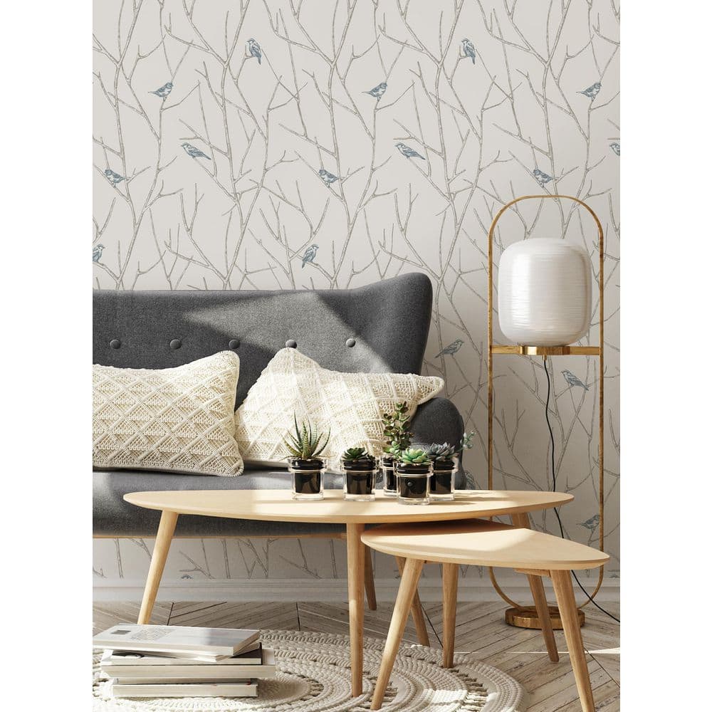 Branch Birds Blue Self-Adhesive Vinyl Peel and Stick Wallpaper Roll