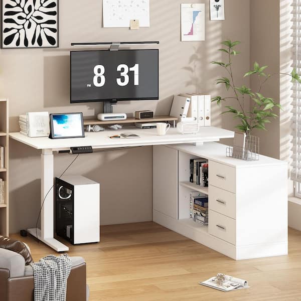 FUFU&GAGA 63 in. Width L-Shape White Wooden 3-Drawer Computer Desk with Adjustable Height, Open Shelves and a Door Storage Cabinet