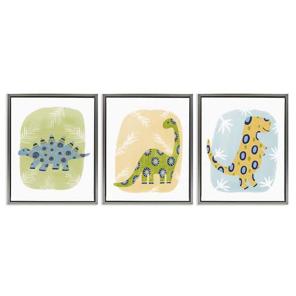 Three Patterned Dinosaurs by Lisa Nohren 3 Pieces Gray Floater Frame Animal Graphic Art Print 31 in. x 25 in.