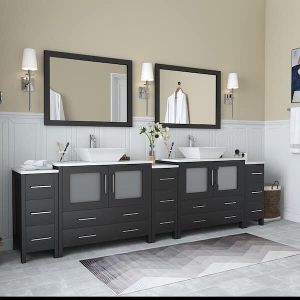 Ravenna 108 in. W Bathroom Vanity in Espresso with Double Basin in White Engineered Marble Top and Mirror