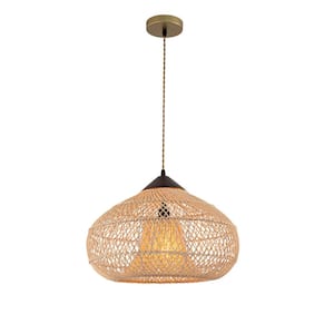 Huka Wabi-Sabi Contemporary 1-Light 60-Watt Rattan Pendant in Brass Light Rustic Boho Interior Decor Light