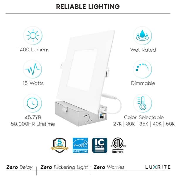 6 in. Ultra Thin Canless 15-Watt 5 Color Options Remodel Integrated LED Recessed Light Kit J-Box (4-Pack)