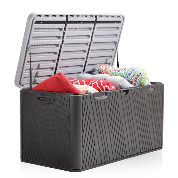 Aoodor 71 Gal. Brown Heavy-Duty Thickened Plastic Outdoor Storage Deck Box with Lockable Hydraulic Lid (Lock Not Included)