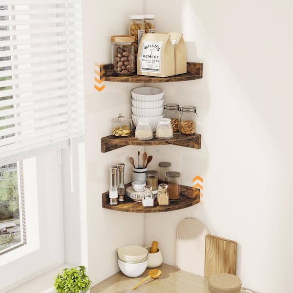 11.5 in. W x 11.5 in. D Brown Wood Floating Corner Shelves (Set of 3), Wall-Mounted Space-Saving Decorative Wall Shelf