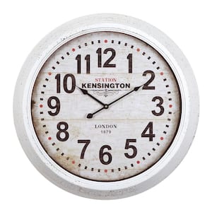 24 in. Circular Iron Wall Clock in Distressed White Frame