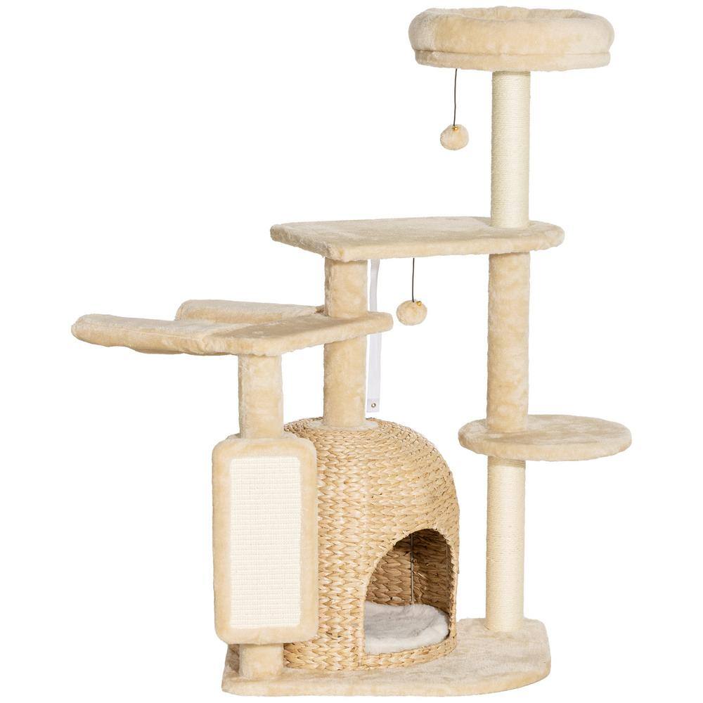 Beige Plush and Wicker 44" Cat Tree Tower with Hammock