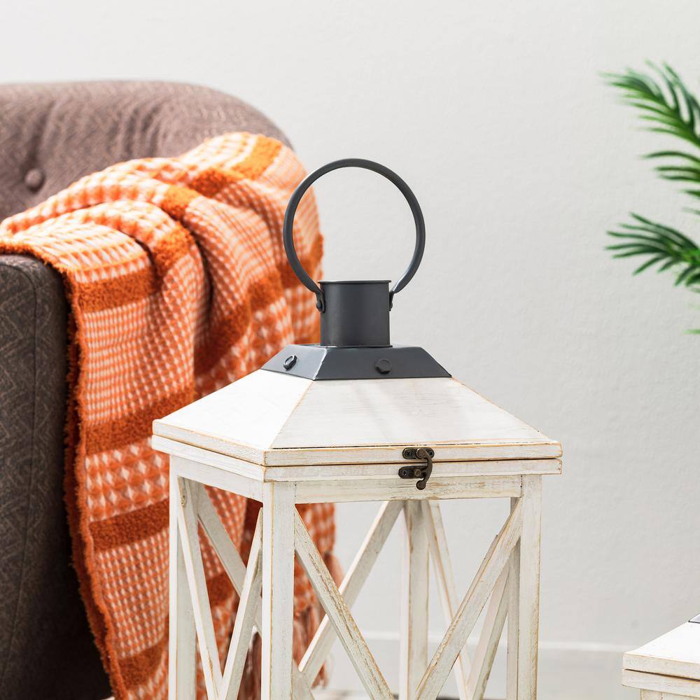 Set of 2 White Wooden Tabletop Candle Lanterns with Metal Top