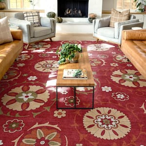 Red 7 ft. 10 in. x 9 ft. 10 in. Flat-Weave Kings Court Beatrice Transitional Floral Oriental Area Rug